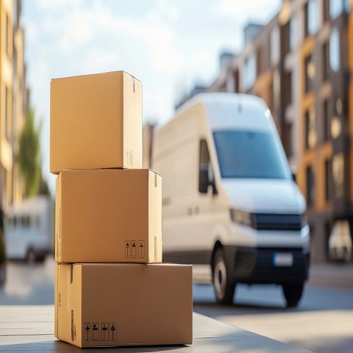 Stacked cardboard boxes next to a white moving truck for relocation services by Smart Movers