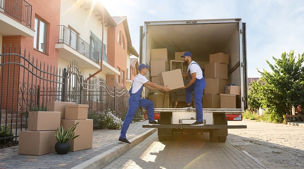 Two professional movers in blue uniforms loading cardboard boxes into an open moving truck outside a home