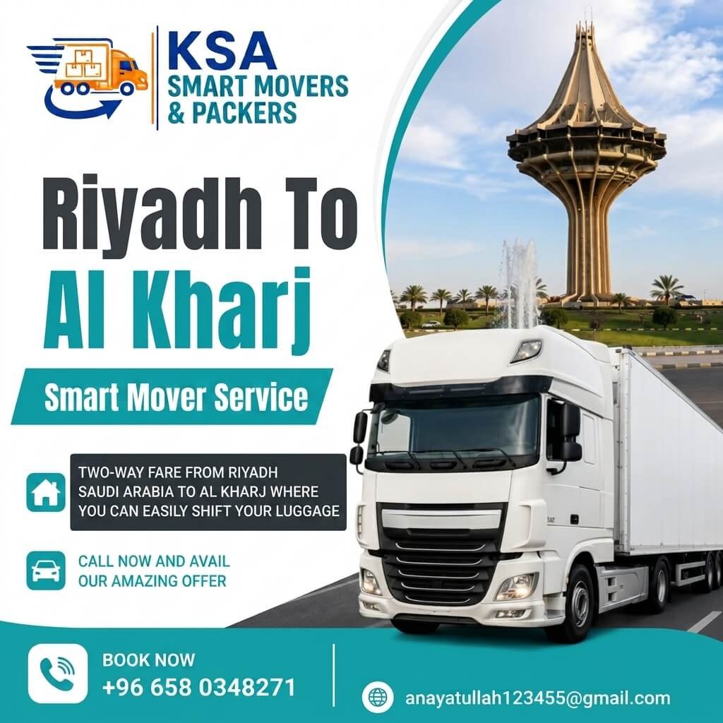 KSA Smart Movers & Packers promotional banner for moving services from Riyadh to Al Kharj featuring a transport truck with the Al Kharj Water Tower monument in the background.