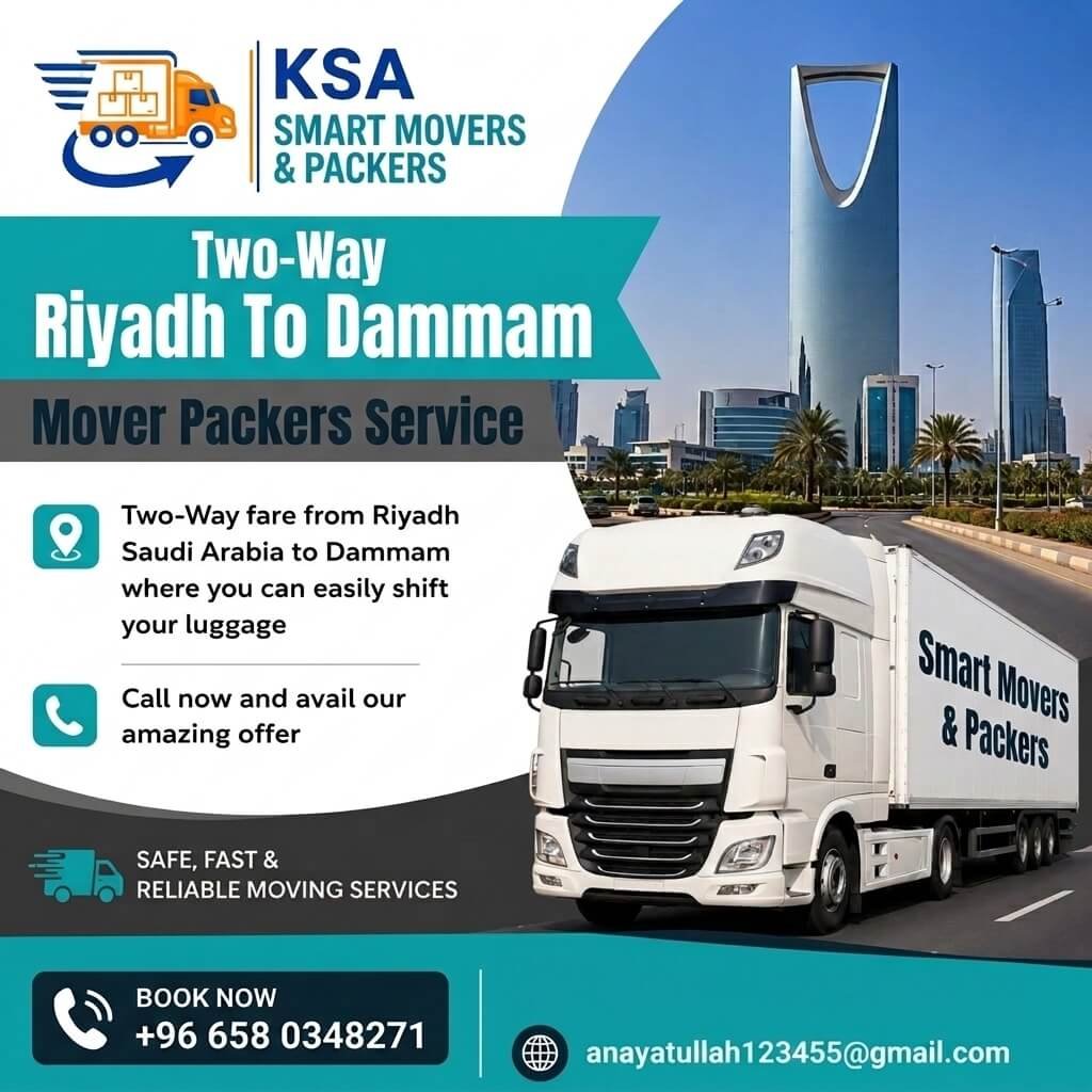 KSA Smart Movers & Packers promotional banner for two-way moving services from Riyadh to Dammam featuring a white moving truck and Kingdom Centre background.