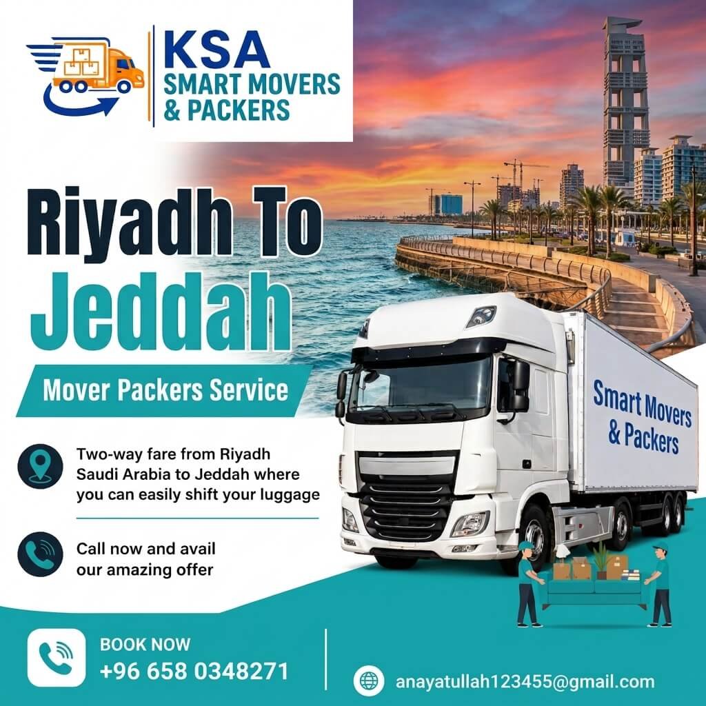 KSA Smart Movers & Packers promotional banner offering long-distance moving services from Riyadh to Jeddah with truck transport and luggage shifting options.