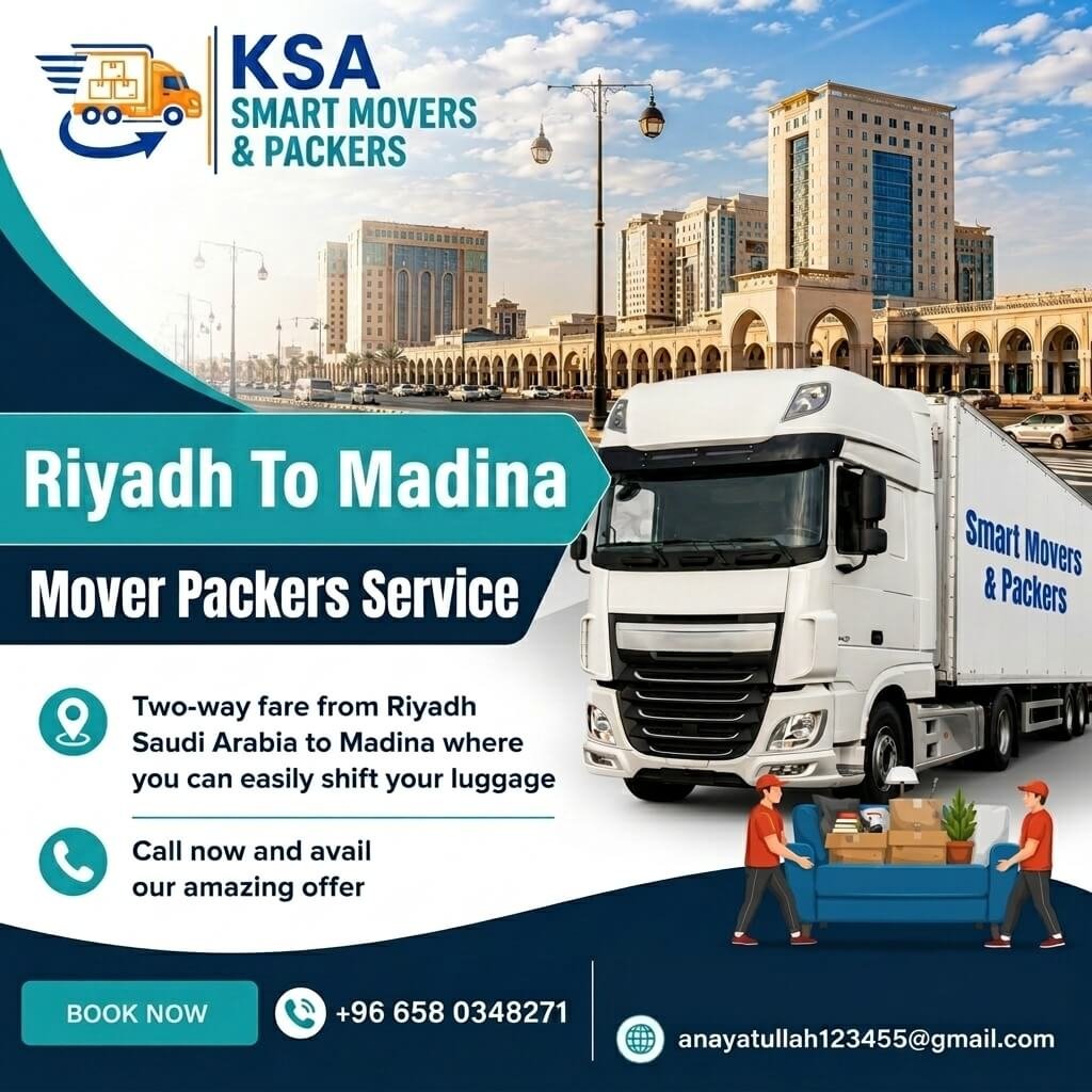 KSA Smart Movers & Packers promotional banner for moving services from Riyadh to Madina featuring a transport truck and Madina city architecture.
