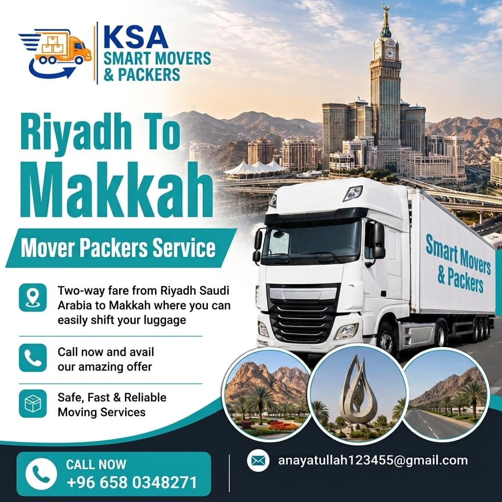 KSA Smart Movers & Packers promotional banner for moving services from Riyadh to Makkah featuring a transport truck with the Makkah Clock Tower in the background.
