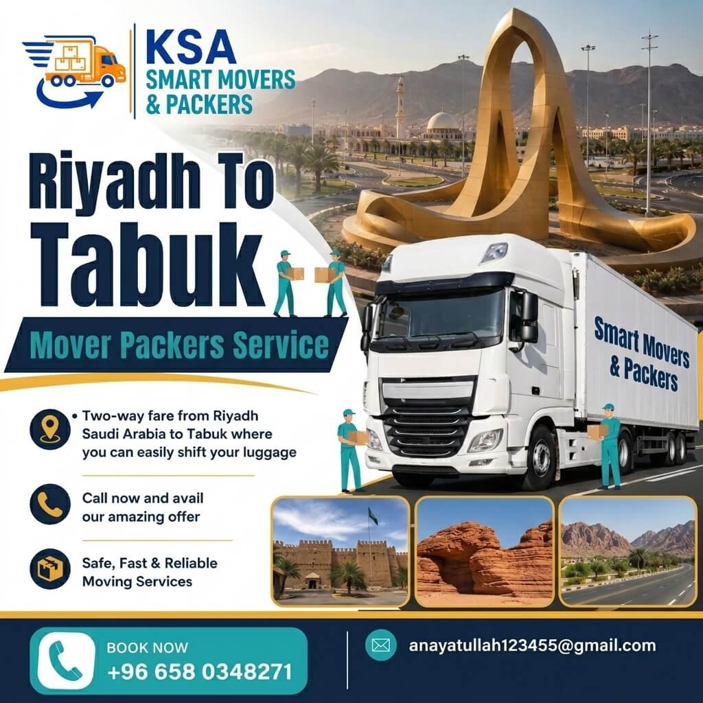 KSA Smart Movers & Packers promotional banner for moving services from Riyadh to Tabuk featuring a transport truck with Tabuk landmarks in the background.