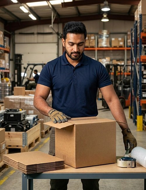 Professional move coordinator wearing work gloves carefully sealing a cardboard shipping box inside a storage facility