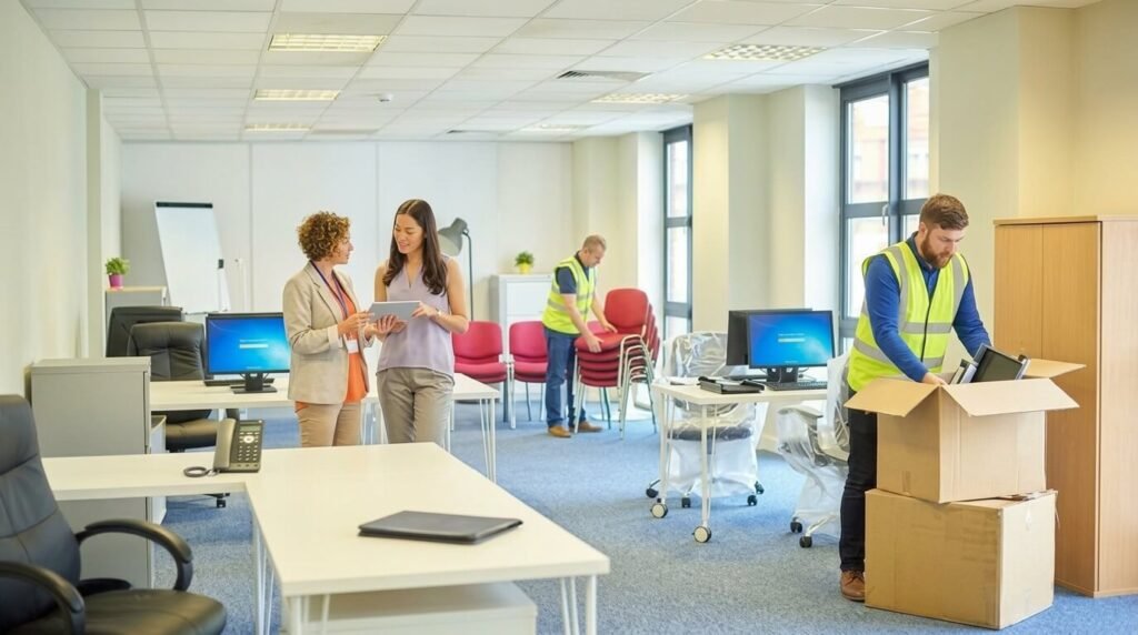 A high-angle view of a bright, modern corporate office undergoing a move, featuring two managers reviewing a relocation checklist on a tablet while professional movers stack chairs and carefully pack computer monitors and desktop equipment into cardboard boxes.