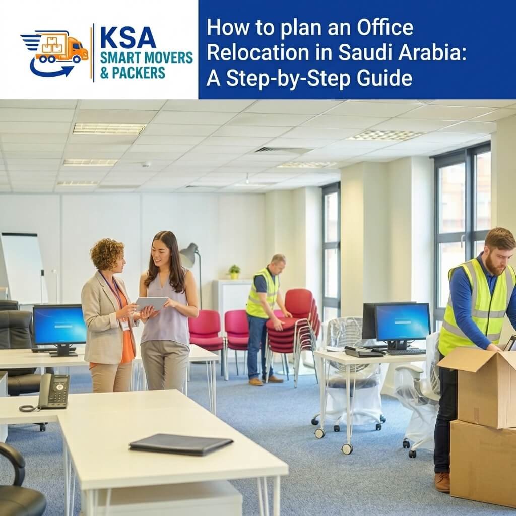 A high-angle view of a bright, modern corporate office undergoing a move, featuring two managers reviewing a relocation checklist on a tablet while professional movers stack chairs and carefully pack computer monitors and desktop equipment into cardboard boxes.