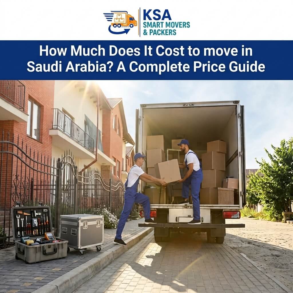 Two movers loading cardboard boxes onto a moving truck tail lift with specialized toolboxes prepared for furniture assembly.