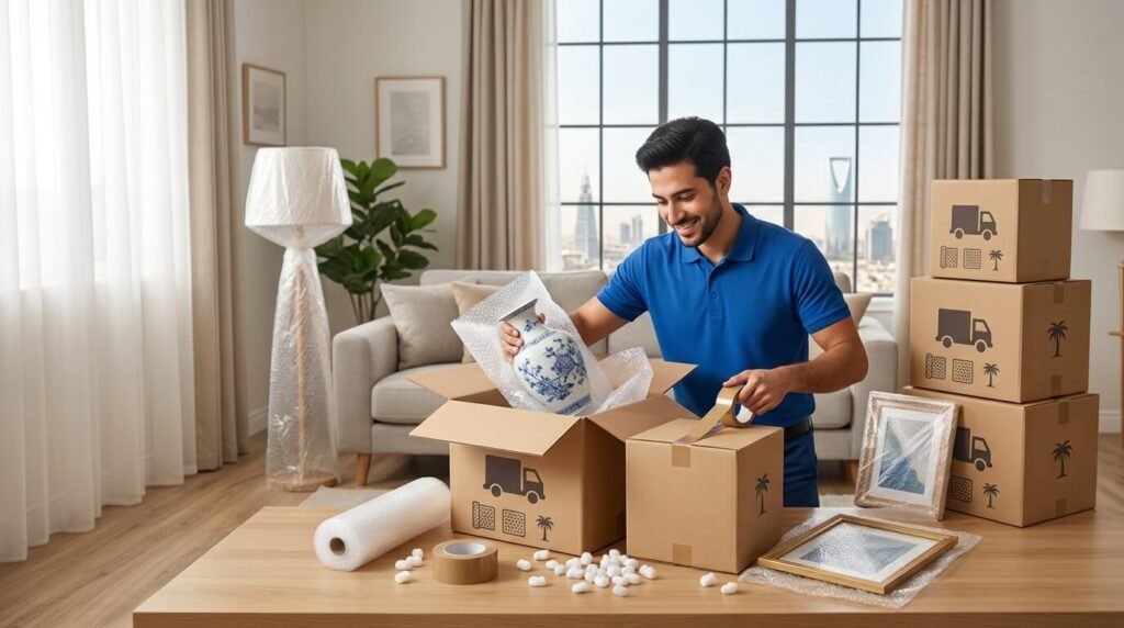 A professional mover from a service offering top Movers in Saudi Arabia carefully placing a bubble-wrapped porcelain vase into a box in a modern apartment overlooking the Riyadh skyline, surrounded by packing tape, peanuts, and stacked cardboard boxes.